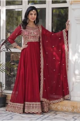 Maroon Gown Dress in Embroidered Faux georgette GW1043