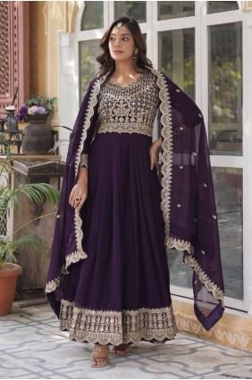 Faux georgette Embroidered Wine  Gown Dress with Dupatta GW1044