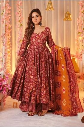 Eid Anarkali Suit in Maroon Muslin with Digital print AS4016