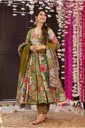 Digital print Muslin Eid Anarkali Suit in Green AS4017