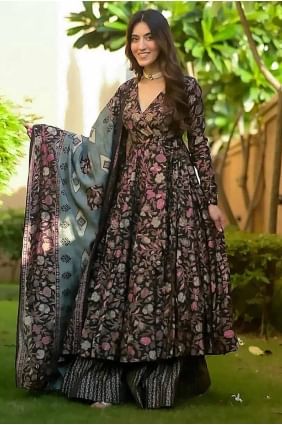 Muslin Eid Anarkali Suit with Digital print in Black AS4019