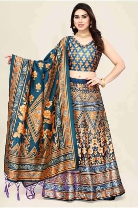 Teal blue Digital print Lehenga Choli in Satin LC8216