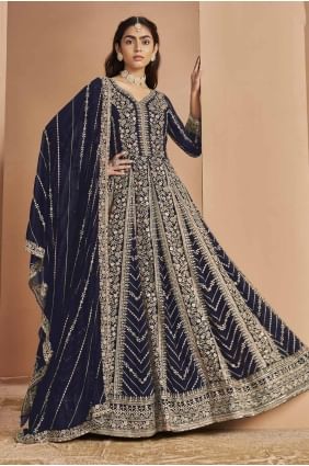 Embroidered Faux georgette Eid Anarkali Suit in Blue with Dupatta AS4025