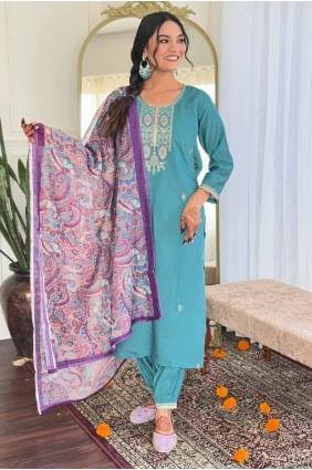 Viscose Straight Pant Suit with Embroidered in Sky blue  SK154992
