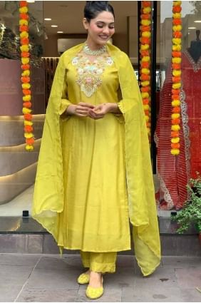Lemon  Straight Pant Suit in Chanderi with Embroidered SK154993