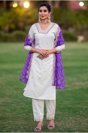 Embroidered Straight Pant Suit in White Silk SK155012