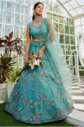 Net Party Lehenga Choli with Embroidered in Sea green  LC8253