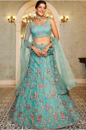 Net Party Lehenga Choli with Embroidered in Sea green  LC8260