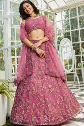 Net Party Lehenga Choli with Embroidered in Pink LC8262