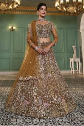 Embroidered Bridal Lehenga Choli in Mustard  Net LC8269