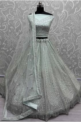 Stone with moti Net Bridal Lehenga Choli in Aqua  LC8278