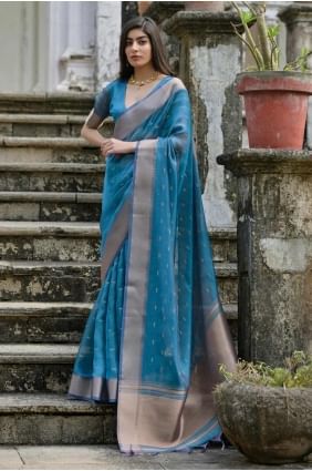 Weaving Silk Firozi  Saree with Blouse SR28115