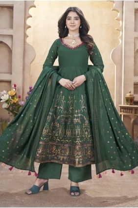 Green Embroidered Eid Palazzo Suit in Silk PZ4113