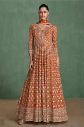 Embroidered Eid Anarkali Suit in Coffee  Georgette AS4043