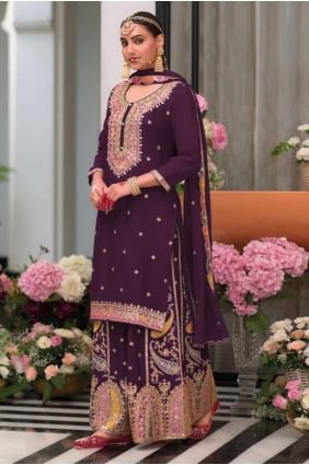 Wine  Eid Palazzo Suit in Embroidered Chiffon PZ4117
