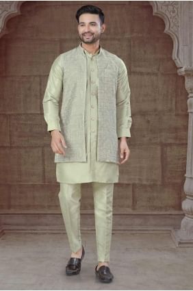 Silk Men Kurta with Weaving in Cream KURR466