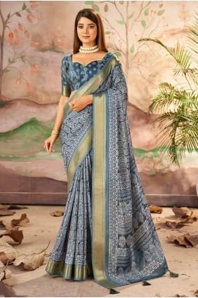 Printed Silk Saree in Dark slate grey  with Blouse SR28429