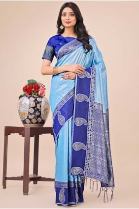 silk sari in sky blue  with weaving SR28462