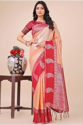 weaving sari in peach  silk SR28465