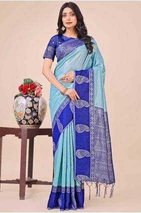 teal blue  weaving sari in silk SR28466