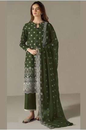 Faux georgette Straight Pant Suit in Dark green  with Embroidered SK155591