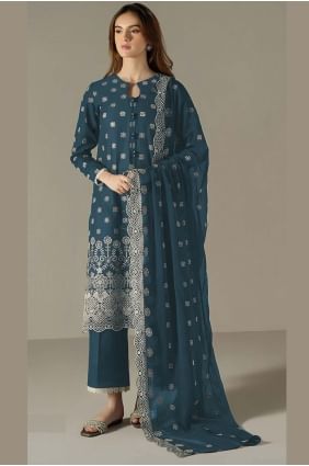Blue  Straight Pant Suit in Embroidered Faux georgette SK155592
