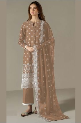 Embroidered Faux georgette Straight Pant Suit in Brown  SK155595