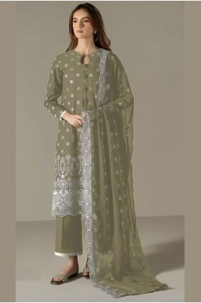 Green Straight Pant Suit in Embroidered Faux georgette SK155598