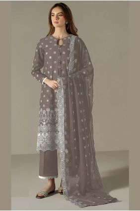 Grey Straight Pant Suit in Faux georgette with Embroidered SK155599