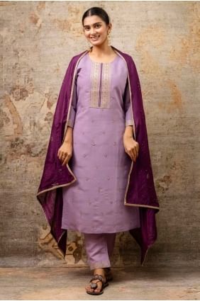 Lavender Straight Pant Suit in Silk with Embroidered SK155609