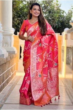 Saree in Red Banarasi silk with Embroidered SR28538