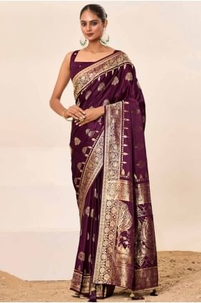 Silk Embroidered Wine  Saree with Blouse SR28554