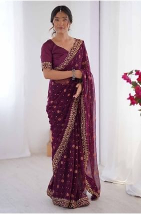Lace Georgette Saree in Wine  SR28559