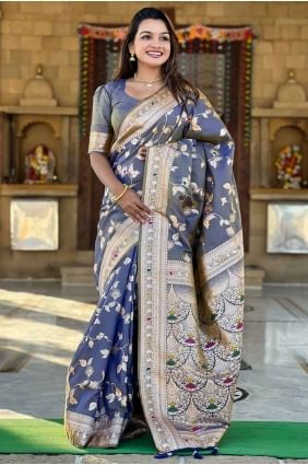 Grey Banarasi silk Saree with Embroidered SR28563