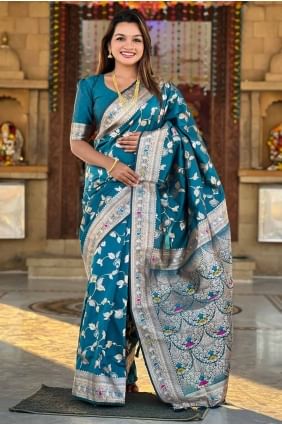 Banarasi silk Teal blue  Saree in Embroidered SR28564