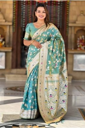 Banarasi silk Embroidered Sea green  Saree with Blouse SR28566