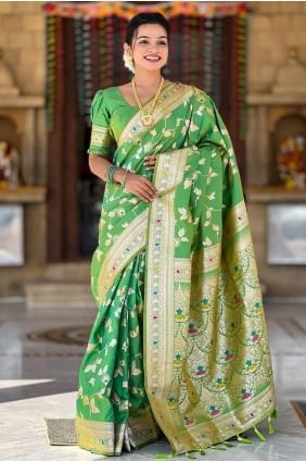 Banarasi silk Embroidered Parrot green  Saree with Blouse SR28567