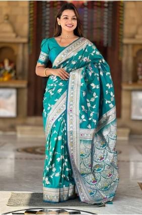 Rama  Embroidered Saree in Banarasi silk SR28569