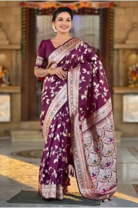 Banarasi silk Saree with Embroidered in Wine  SR28572