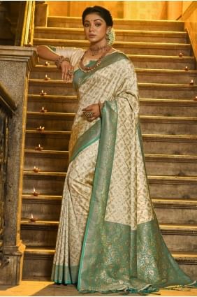 Sea green  Embroidered Banarasi silk Saree SR28577