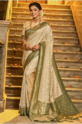 Banarasi silk Saree with Embroidered in Dark green  SR28579
