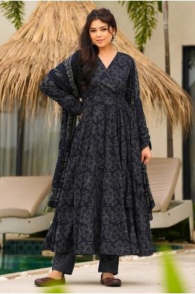 Printed Muslin Blue Anarkali Suit with Dupatta AS4316