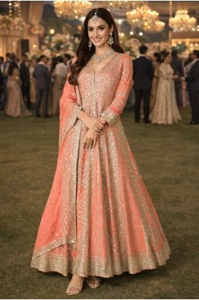 Embroidered Chinon chiffon Peach Anarkali Suit with Dupatta AS4266
