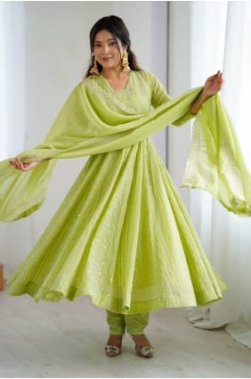 Sequins Silk Pista Anarkali Suit with Dupatta AS4219