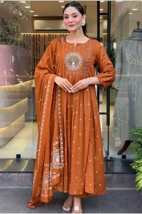 Rust Eid Anarkali Suit in Rayon with Embroidered AS4179