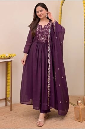 Wine Eid Anarkali Suit with Embroidered Chanderi silk AS4176