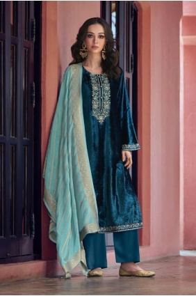 Blue Straight Pant Suit in Velvet with Embroidered SK155135