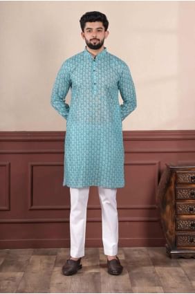 Aqua blue Men Kurta in Linen with Digital print KURR474