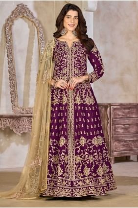 Embroidered Anarkali Suit in Purple Art silk AS4141