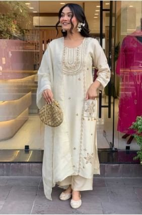 Embroidered Art silk Salwar Kameez in Cream SK155766